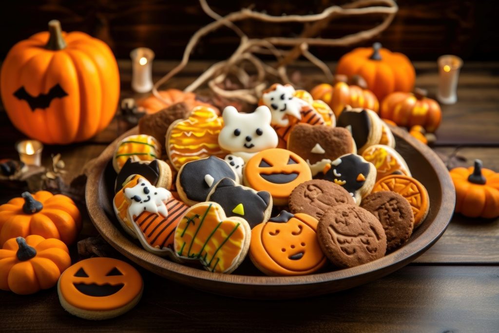 Bowl filled with an assortment of Halloween cookies