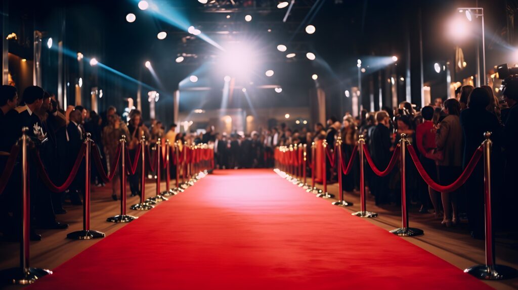 Red carpet with flashing lights and crowds of people outside of stanchions